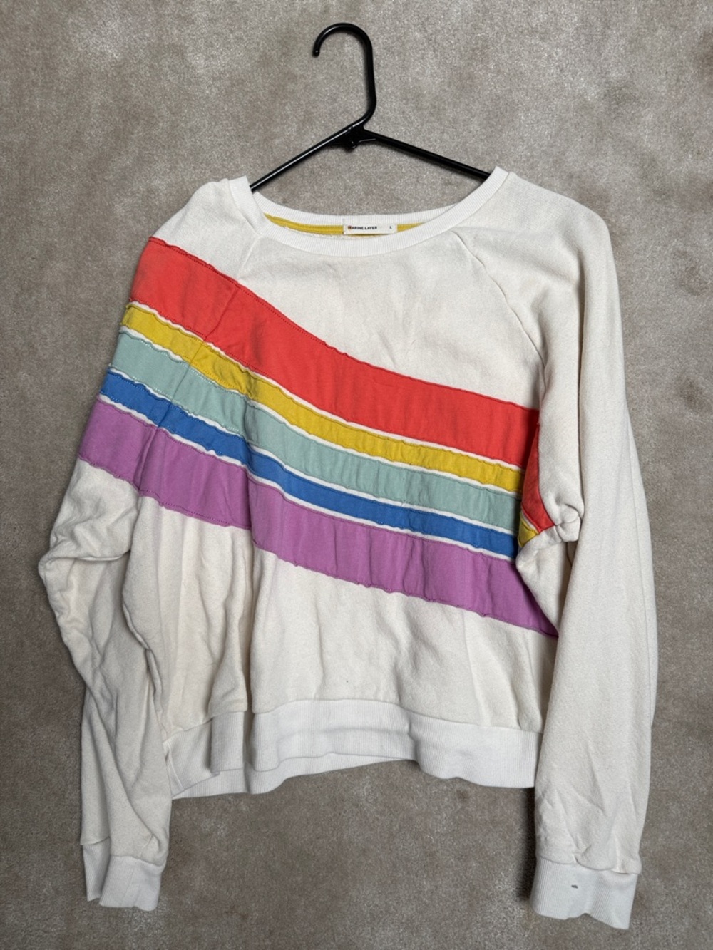 Marine Layer Cream Pullover with Rainbow Diagonal Stripes